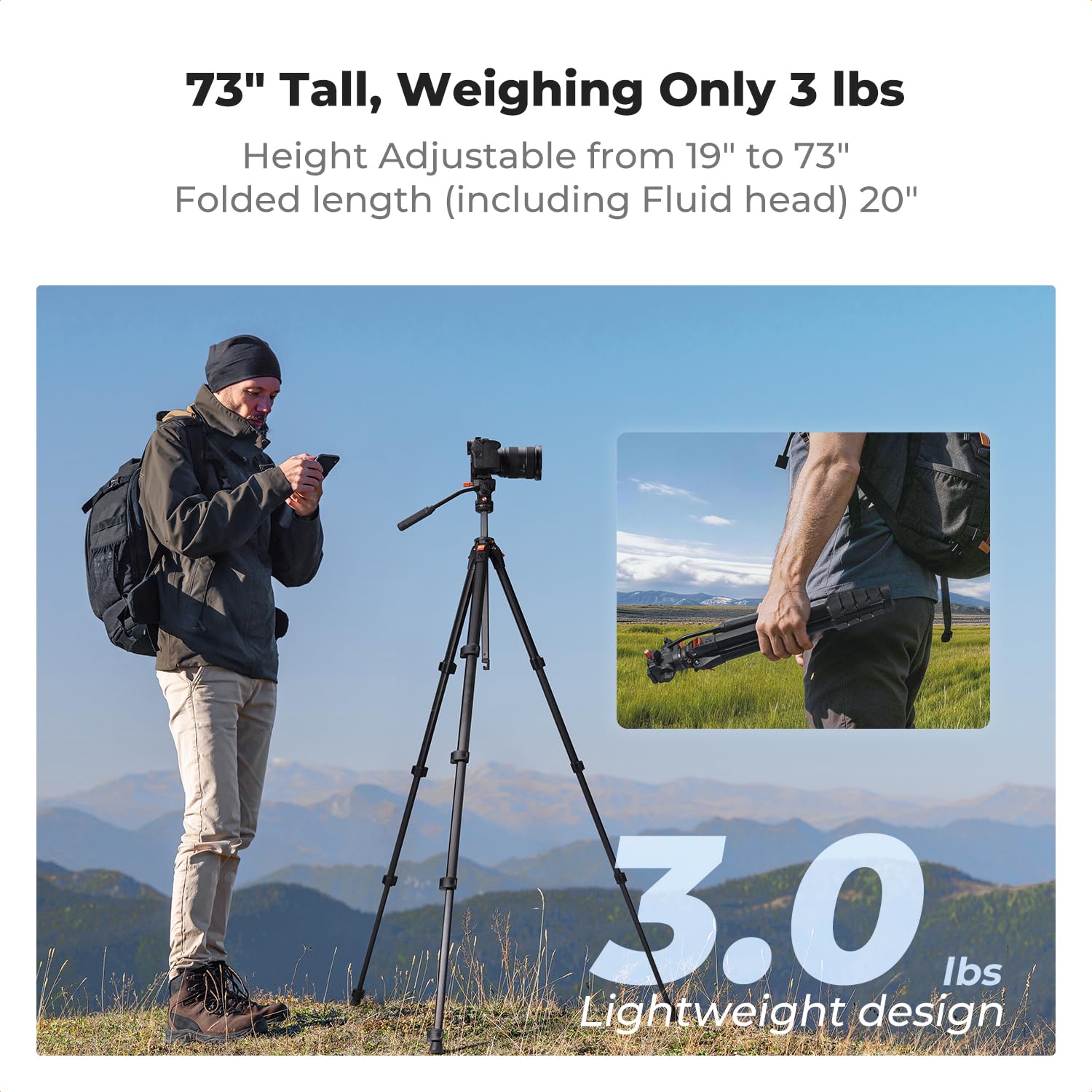 K&F CONCEPT 185 cm statyw do aparatu z głowicą płynną, aluminiowy statyw podróżny do wideo, płynne przechyły/nachylenia dla lustrzanek bezlusterkowych, kamer wideo, obciążenie maksymalne 3 kg, do