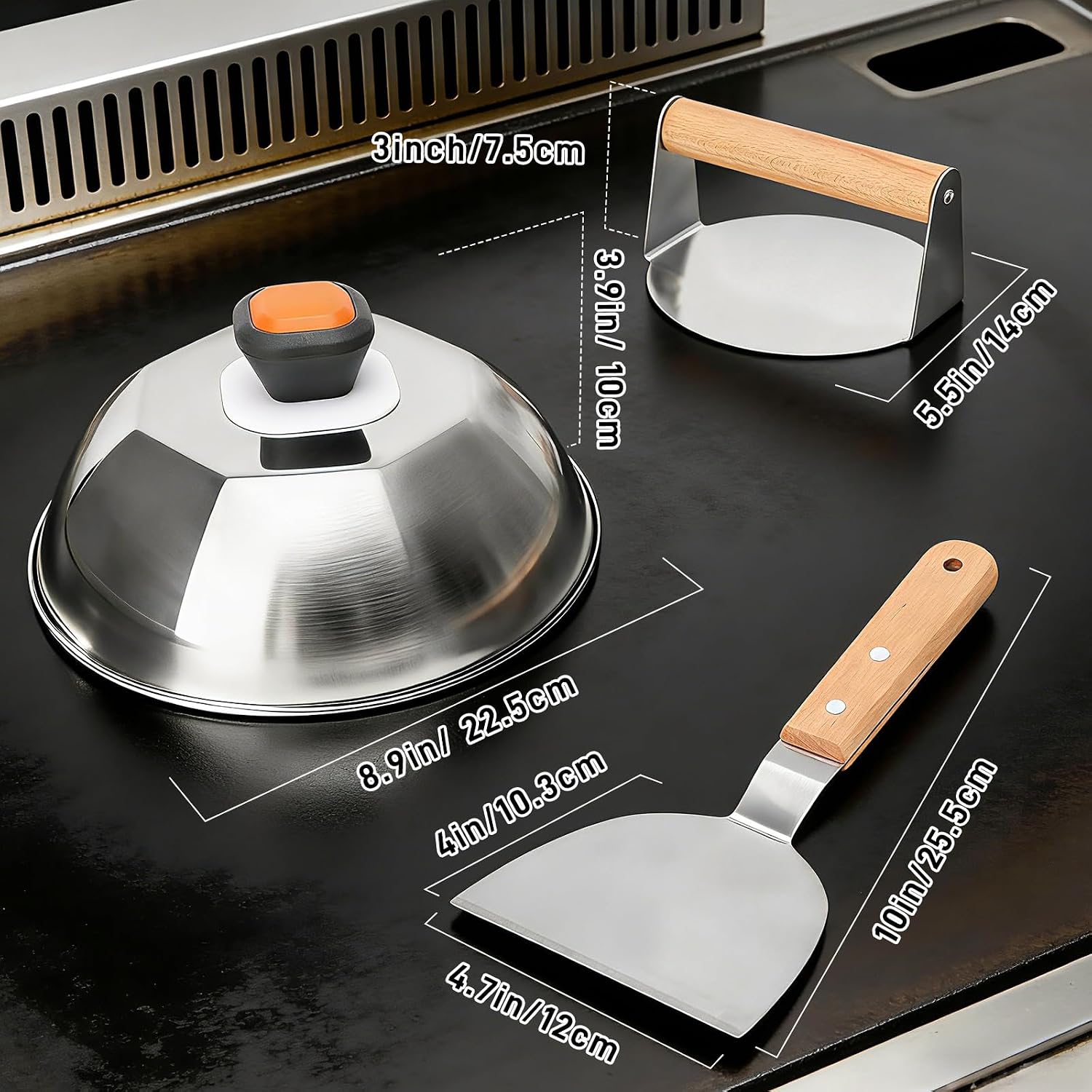 Smash Burger Press Kit - Burger Press, Melting Dome, Grill Spatula Hamburger Press Tools for Flat Top Griddle Grill Cooking, Bacon, Steak