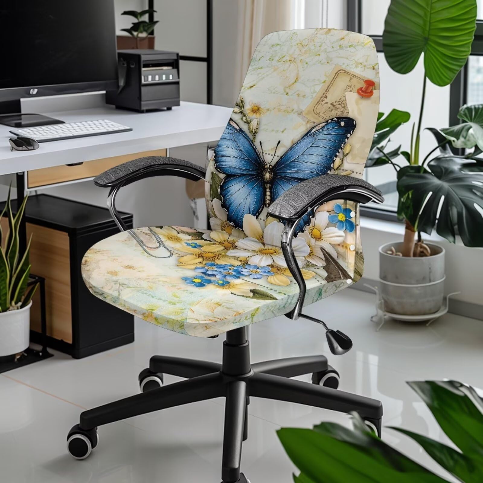 Wiryuouvt Blue Butterfly Office Chair Cover One Piece Water Resistant Stretch Jacquard Computer Chair Slipcover with Elastic Bottom for Armrest Chairs Armless Chair Cover Slipcover-L