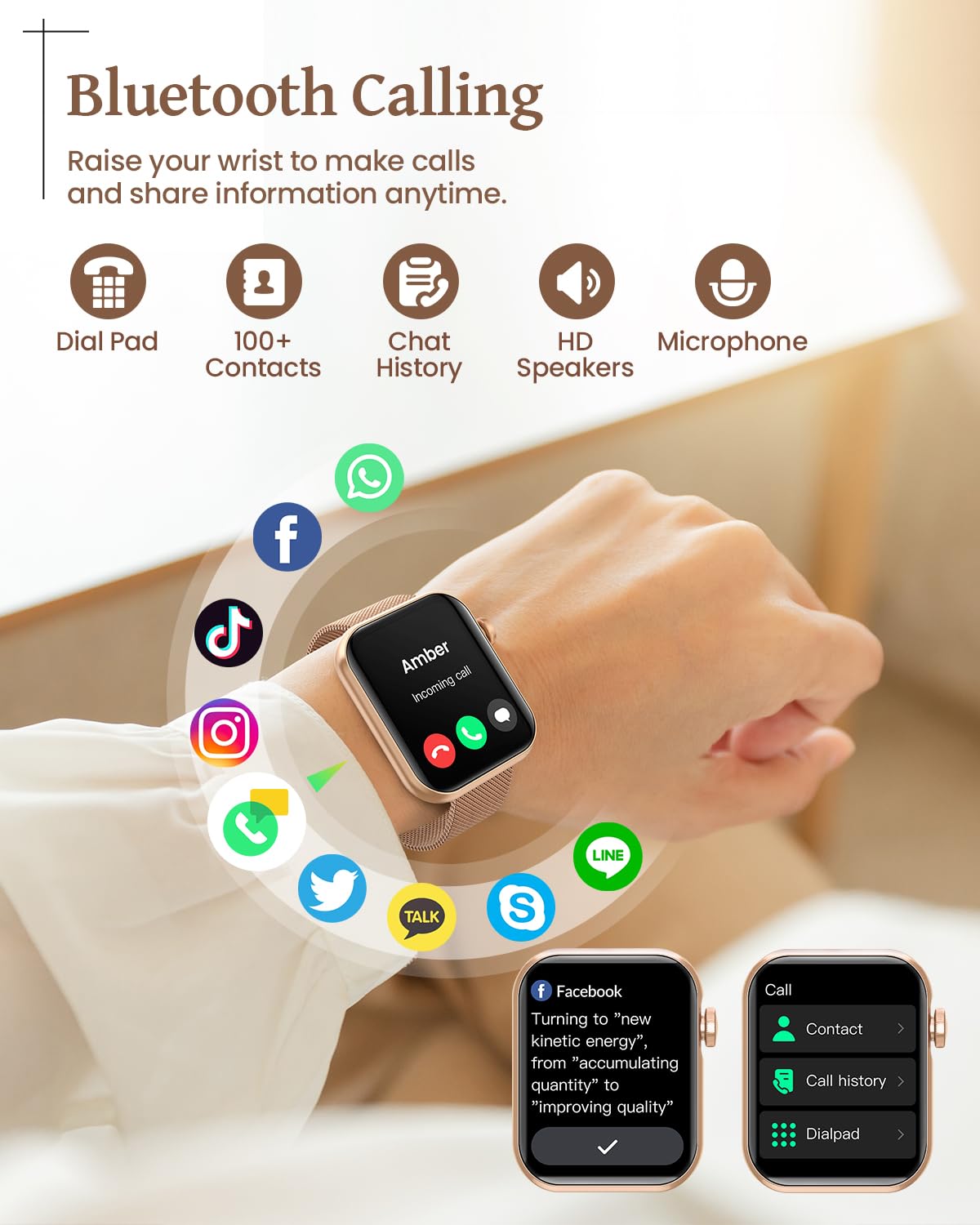 AIMIUVEI Smartwatch Donna, Orologio Smartwatch con Chiamate e Whatsapp, 120+ modalità Sportive, 24H Frequenza Cardiaca SpO2, Sonno Fisiologia Femminile IP68 Notifiche Calorie per Android iOS Oro Rosa