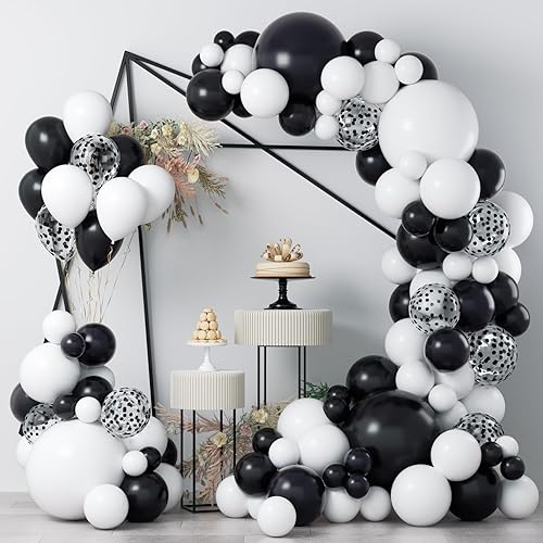 Kit de arco de globos de confeti de color negro y blanco, 120 unidades de 12 pulgadas, 10 pulgadas, 5 pulgadas, látex negro, blanco, dorado y