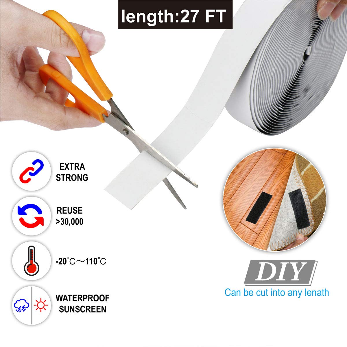 Tiras autoadhesivas de 27 pies x 1 pulgada, cinta de gancho de cierre adhesiva resistente y fuerte, cintas de montaje de tela de nailon para costura, manualidades, bricolaje, uso en interiores o