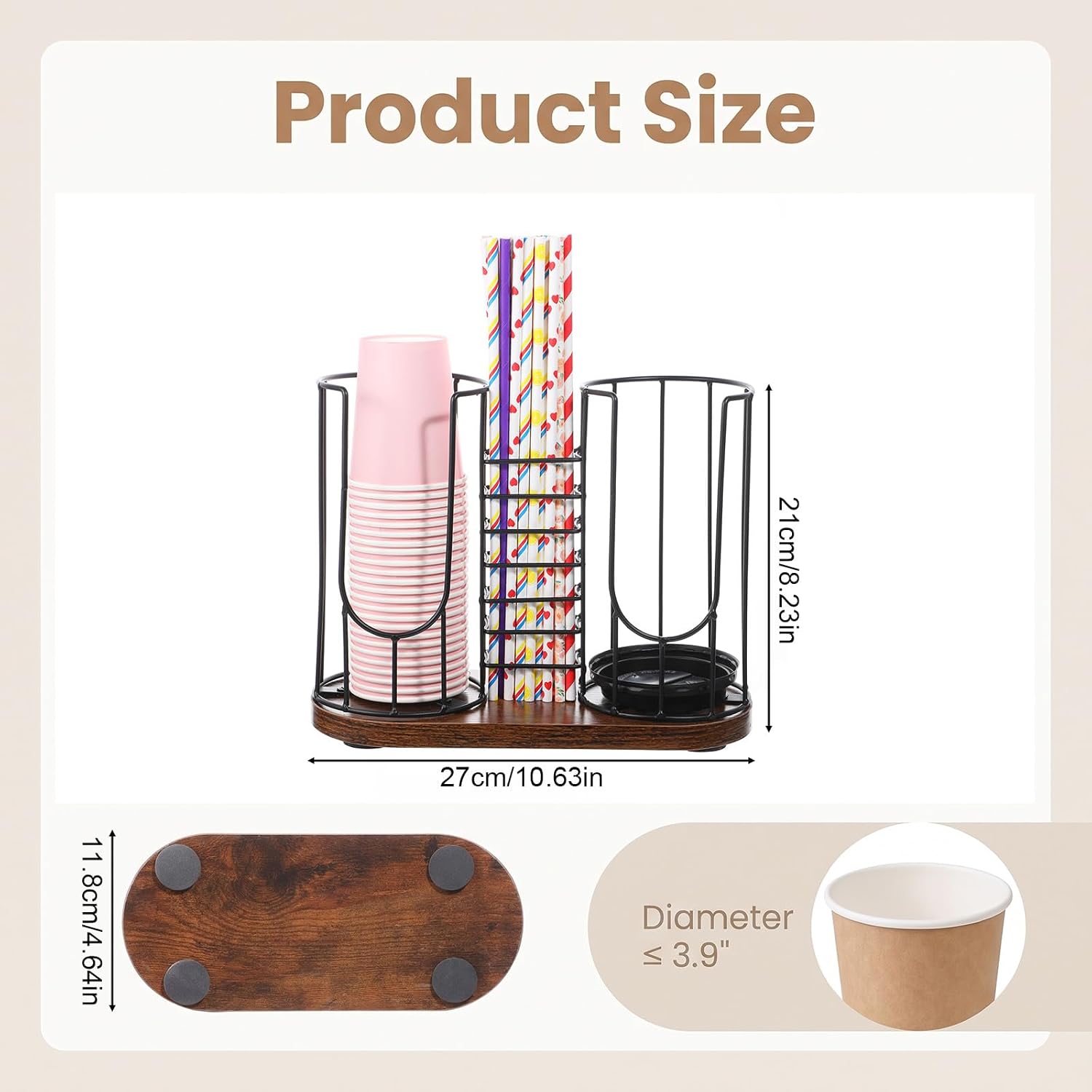 3-Compartment Coffee Bar Cup Holder with Wood Base