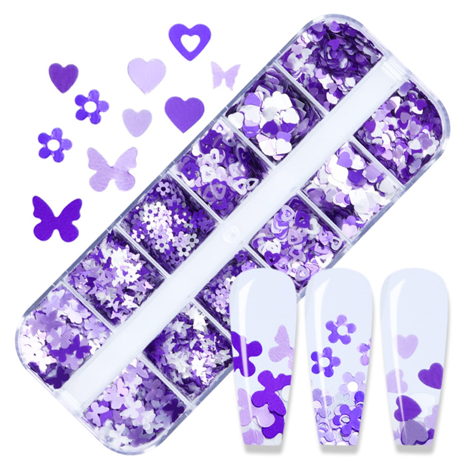 Holographic Purple Glitter Nail Art Sequins, 3D Glitters Flakes Nail Art Design, Love Heart Flowers Butterflies Acrylic Nails Supplies Accessories