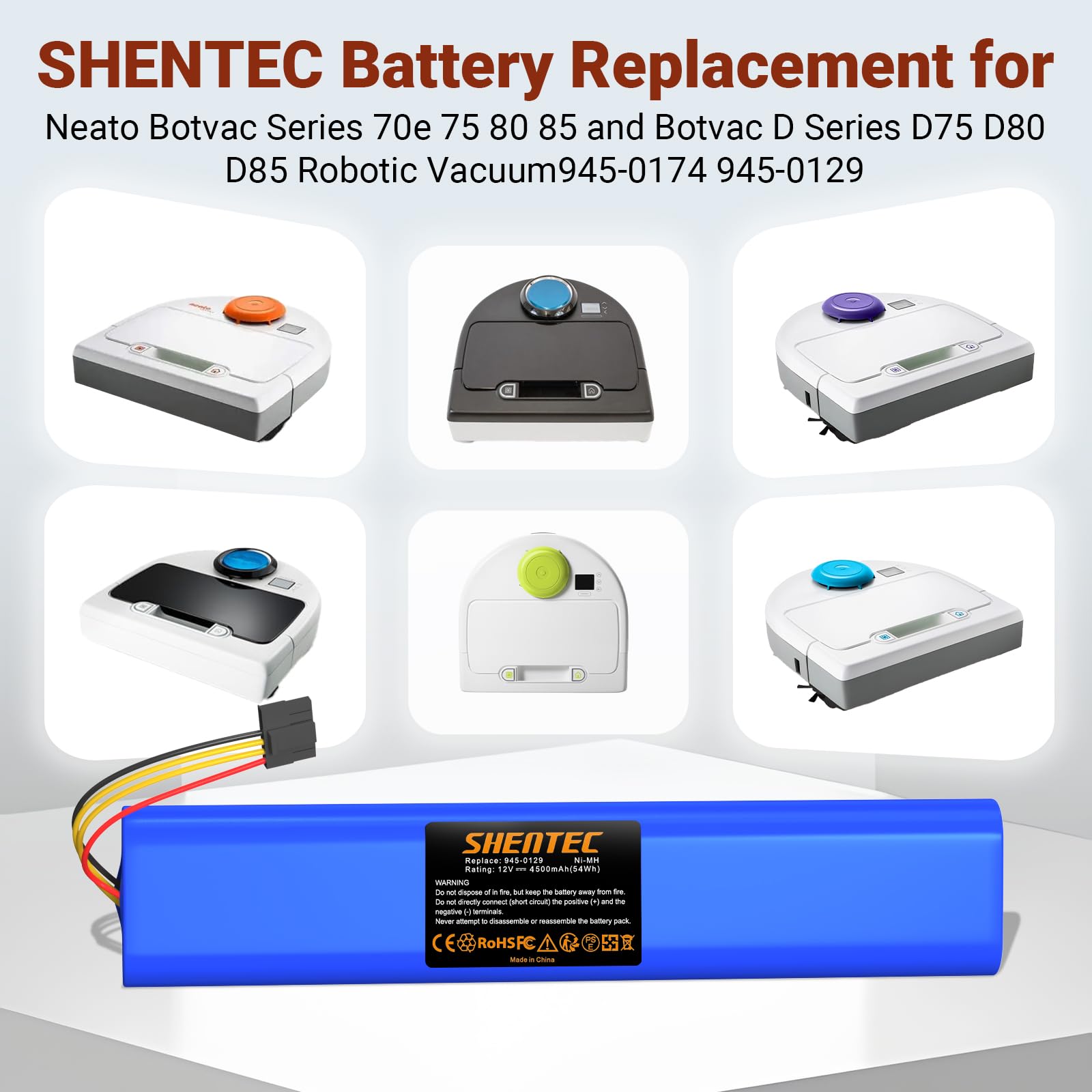 Shentec Batterie Ni-Mh 4,5 Ah 12 V compatible avec aspirateur robot Neato Botvac Series 70e 75 80 85 et Botvac D Series D75 D80 D85 robot aspirateur 945-0174 945-0129 (non compatible avec Neato D3 D5