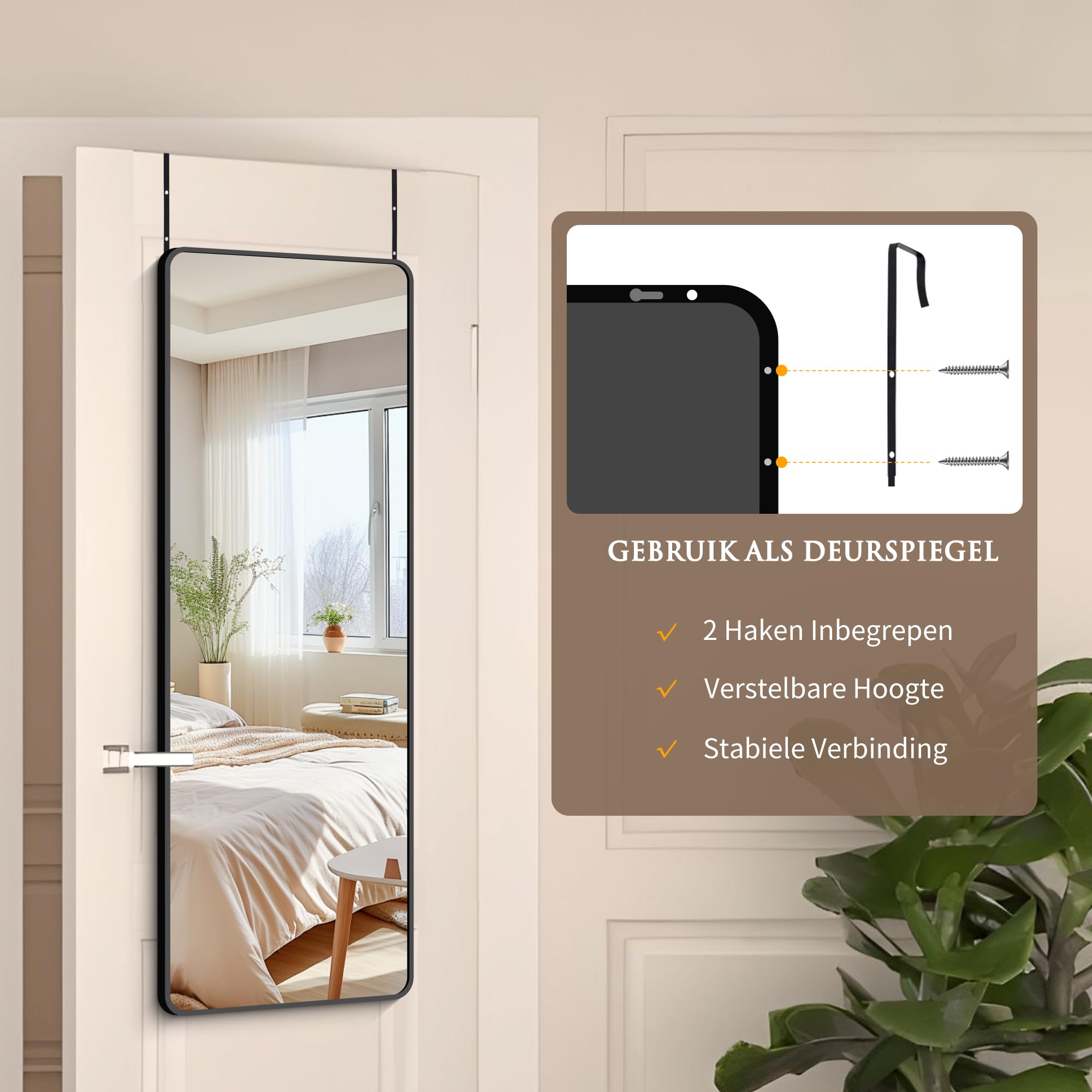 Specchio Da Porta Regolabile COFENY 105x35 Cm - Cornice Nera In Alluminio, Vetro Antischiocco, Per Corridoio E Camera