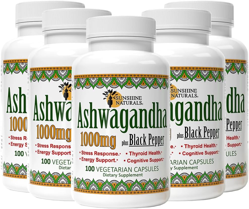 Sunshine Naturals Ashwagandha & Black Pepper Dietary Supplement. Supports Stress Relief, Mood Balance, Immune System Health, and Energy. 1000mg. 100 Capsules. Pack of 5