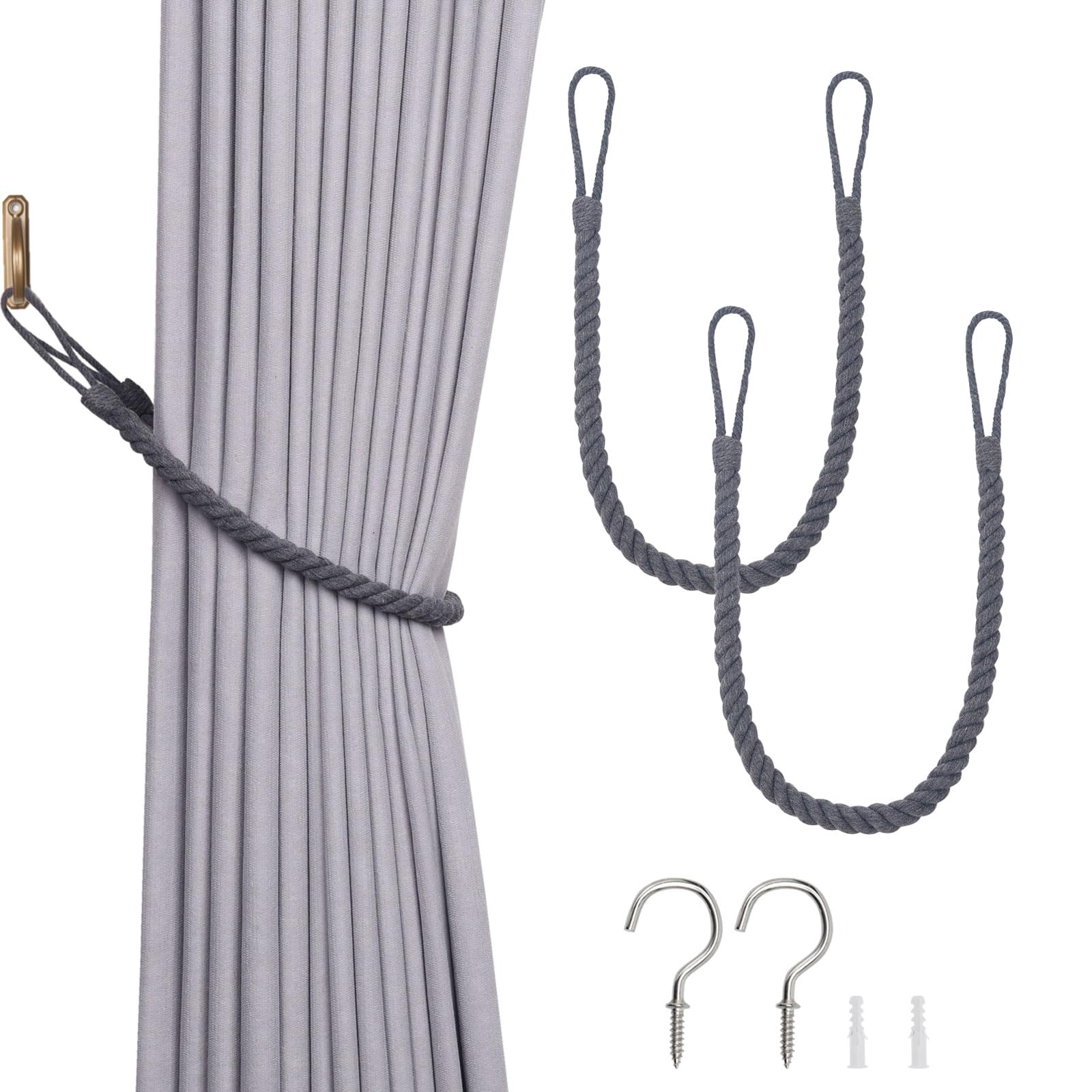 Pretty Jolly 2 Pack Natural Cotton Rope Curtain Tiebacks Boho Rustic Style Decorative Drape Tie Backs Hand-Woven Rope Curtain Holdbacks with Metal Hook for Home & Office Drapery (Cotton-Dark Grey)