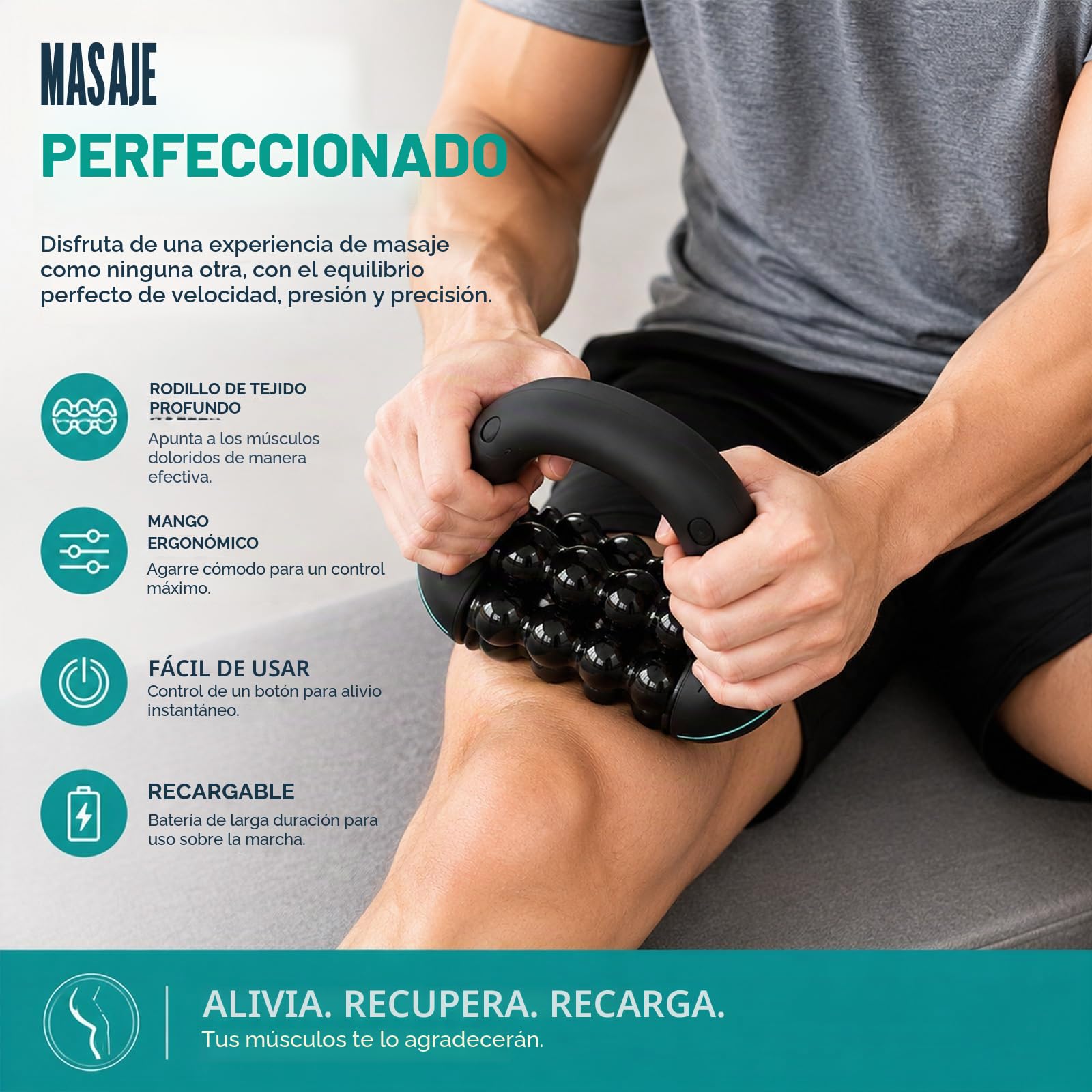 Masajeador de mano eléctrico con rodillos, 3 niveles de masaje, recargable por USB, ligero masajeador de tejido profundo para espalda, hombros, piernas, oficina, gimnasio