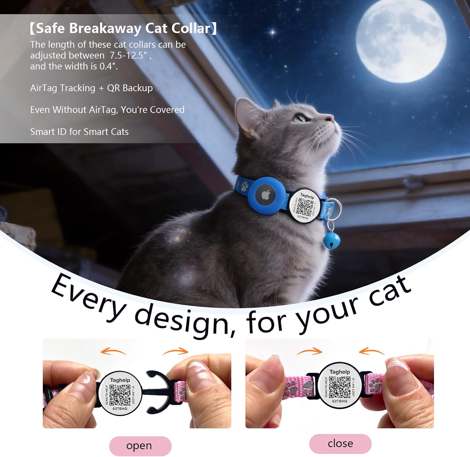 QR Code AirTag Cat Collar Breakaway Reflective with Bell - Digital Pet ID Tag for Lost Cat Recovery, Blue Paw Print Design