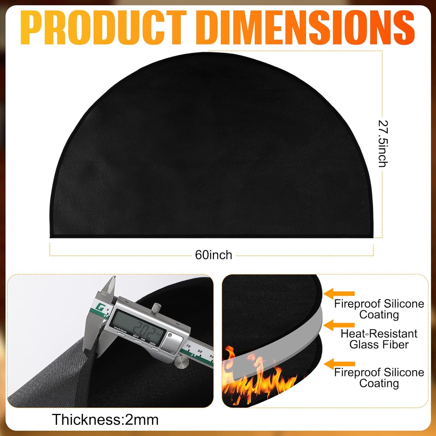 Relaxweex 3 Pcs Fireproof Hearth Rug Fireplace Rug, Fireplace Gloves, Canvas Firewood Carrier Logs Tote Set, Fire Resistant Half Round Hearth Mat, Protect Floor Patio from Sparks Embers(60 x 28 Inch)