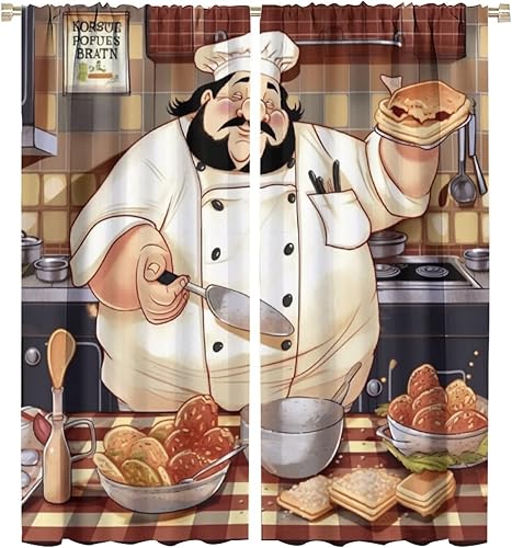 Miniatura 52 de Cortina de decoración de cocina de chef, retro gourmet de dibujos animados, chef gordo de cocina, patrón de comida gourmet, decoración del hogar,