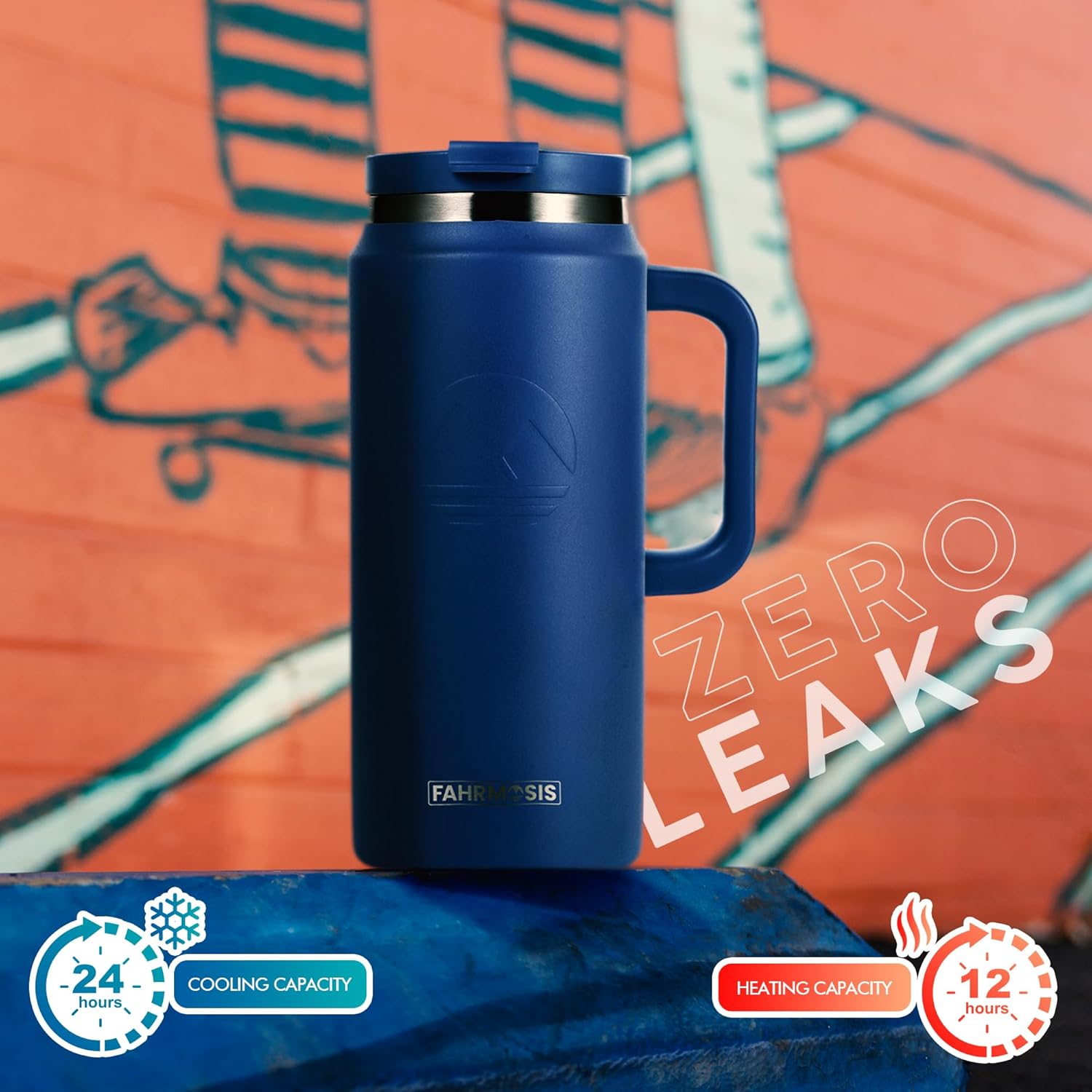 64 Oz Tumbler with Handle and Straw Half Gallon Water Bottle Stainless Steel Travel Mug for Hot & Cold Drinks, Reusable Water Bottle with Lids and Straw - Navy Blue - Image 5