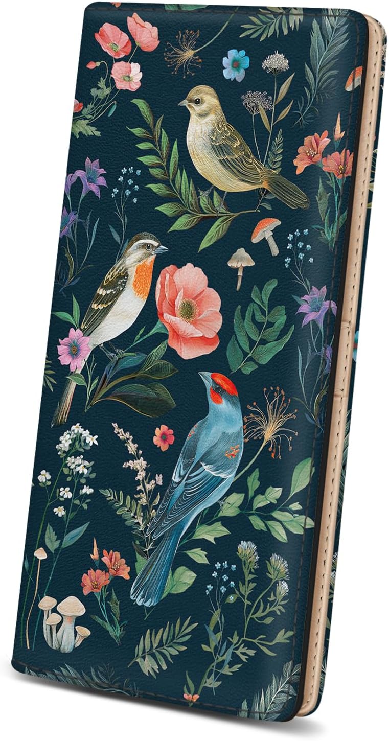Immaturus Womens Wallet, Bird Flower Slim Thin RFID Blocking Credit Card Wallets, Mushroom Long Bifold PU Leather Card Holder Organizer, Cash Clutch Billfold with Zipper Coin Pocket Ladies Girls Gift