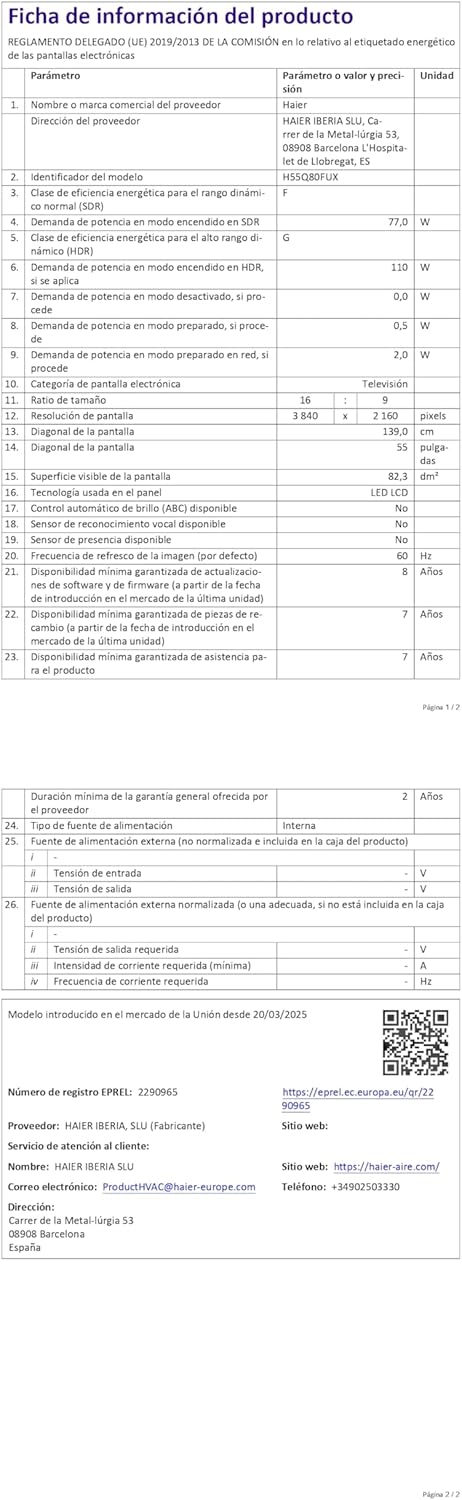 Haier H55Q80FUX Product Information Sheet