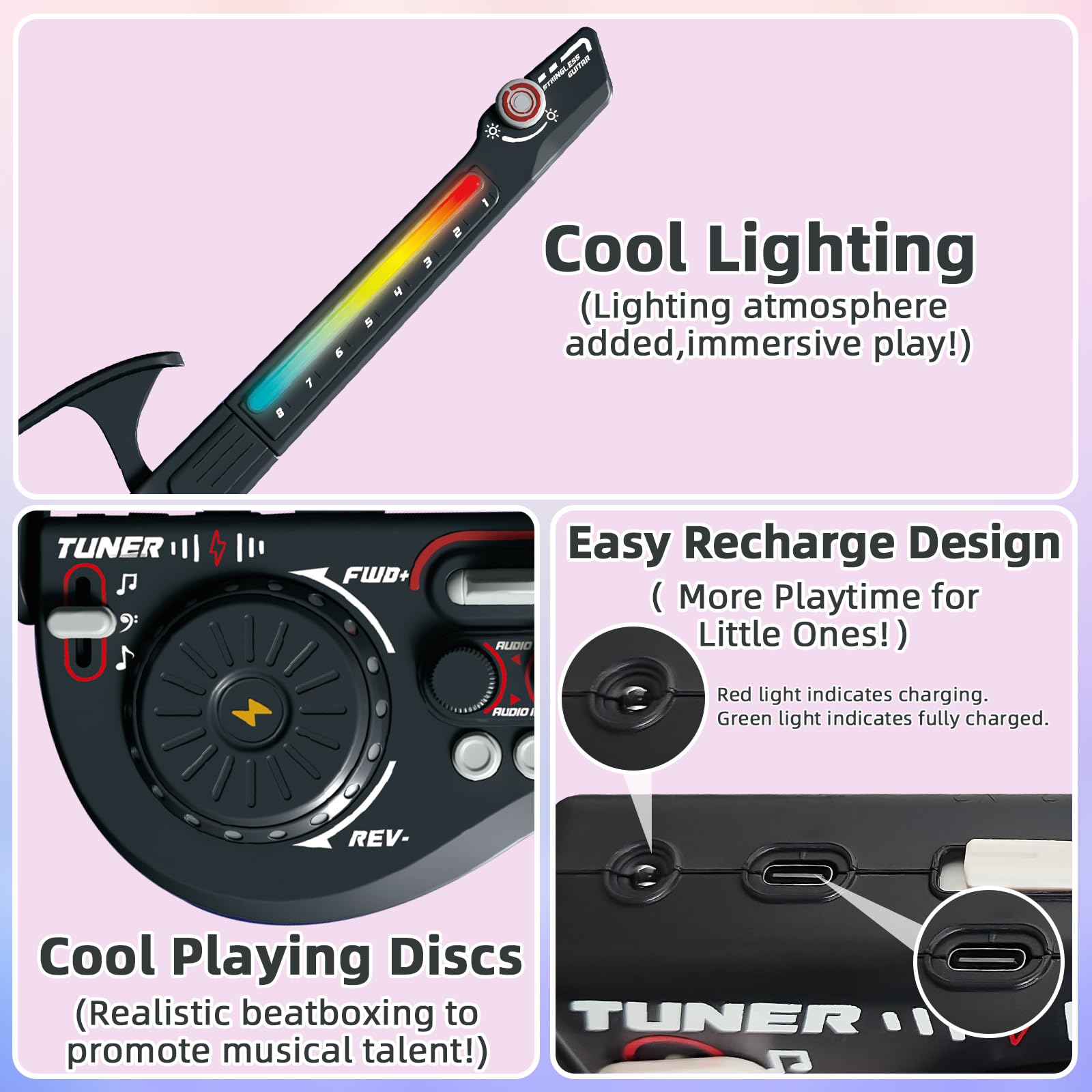 RedCrab Guitarras Musicales para Niños, Guitarras Eléctricas Inteligentes sin Cuerdas con Tocadiscos DJ, Bluetooth y Luces, Set de Guitarras de Juguete para Principiantes en la Educación Music (negro)