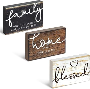 3Pcs Rustic Wood Signs Decorative Wooden Block Sign Table Decor 6x0.8x3.9 | Alynsehom Farmhouse Wood Table Decor with Family Home Blessed for Bedroom Living Room Kitchen Table Entryway Fireplace Decor