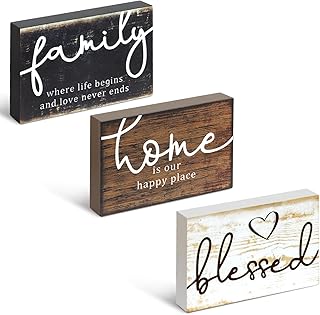 Alynsehom 3Pcs Rustic Wood Signs with Family Home Blessed Print Small Farmhouse Wood Decorative Table Shelves Decorations Sign Wood Work for Bedroom Living Room Kitchen Table Entryway Fireplace Decor