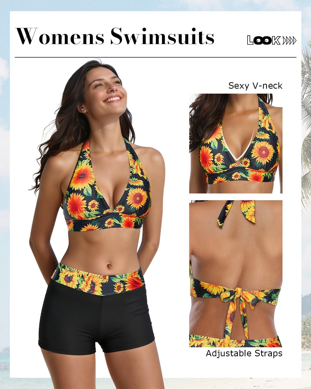 Century Star Women Two Piece Swimsuit with Boy Shorts - Modest Swimming Suits High Waisted Bathing Suits Bikini Set A3 Sunflower Print 8-10 - Image 4