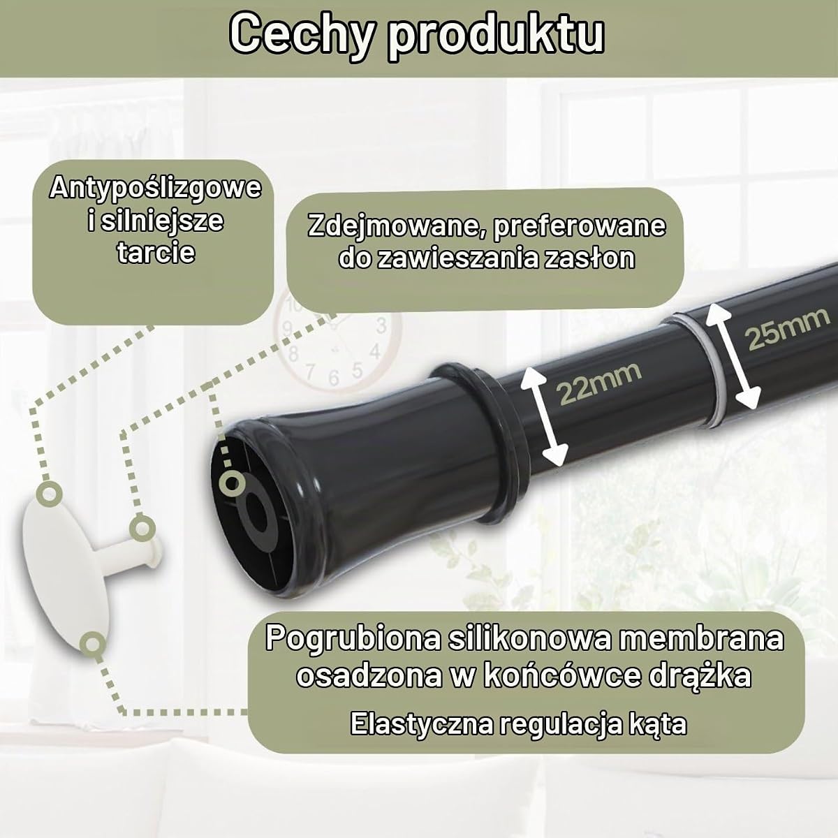 1 x wysuwany drek napinajcy do zasony bez wiercenia, teleskopowy drek do zasony prysznicowej, regulowany drek do zasony prysznicowej do zason z oczkami, azienki, sypialni (175-260 cm)