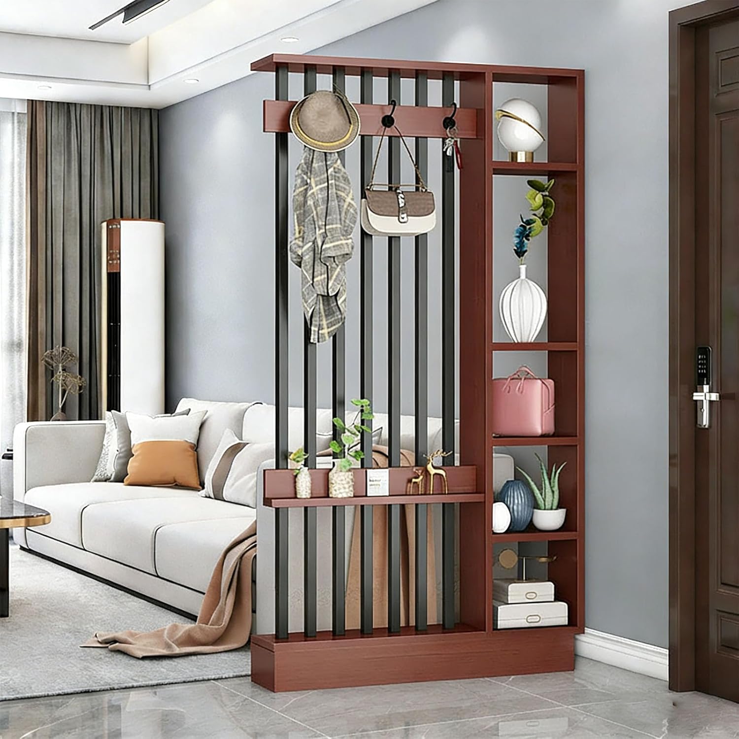 Wall Room Divider, Post Partitions Screens Modern Freestanding Wood Room Divider Screen with Coat Rack Cabinet and Display Shelf,for Home Office Decorative,Walnut+Black,L39“×W12”×H79"