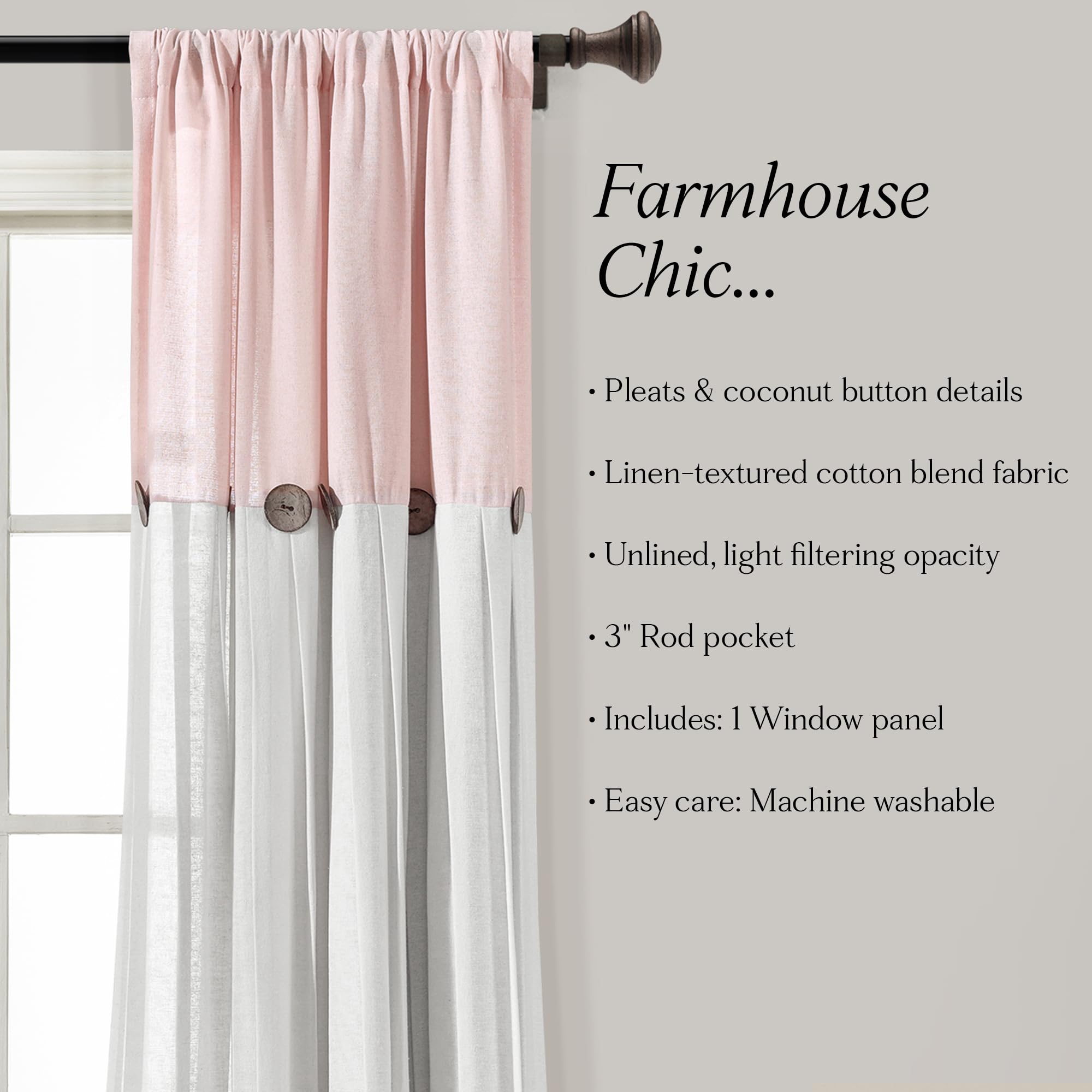 Lush Decor Rideau de fenêtre à Boutons en Lin - Panneau Simple, Blush et Blanc, 160 cm de Long x 101,6 cm