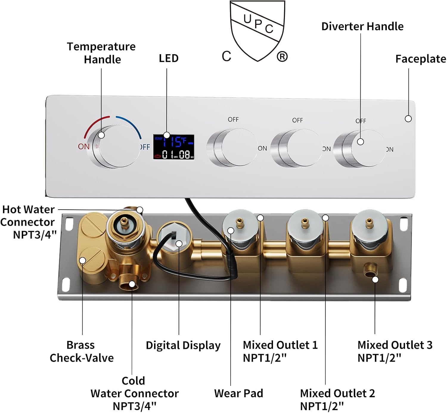 3 Function Shower Mixer Valves Wall Mount Temperature Digital Display Shower Valve Multi Function Pressure Balance Valve Kit Can Flow Control,Can Run Simultaneously Chrome