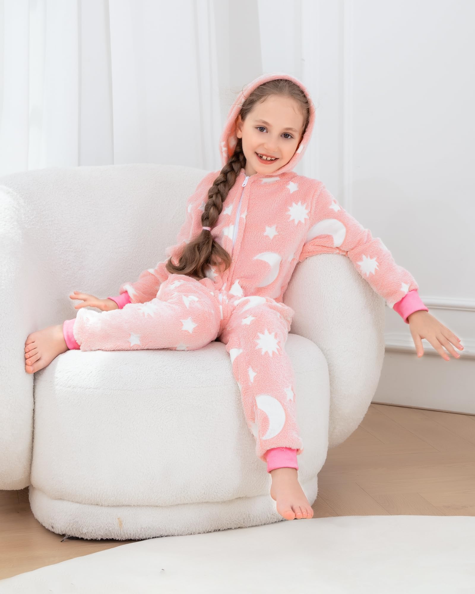 KAKU NANU Pyjama Une-Pièce Doux Et Chaud avec Capuche pour Fille 3-10 Ans-Fermeture Éclair,Poches 7 Couleurs Disponibles