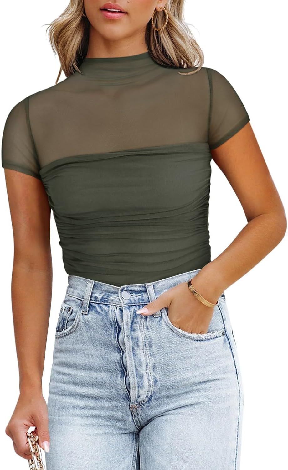 REORIA Women's Sexy Mock Turtle Neck Short Sleeve Shirts Sheer Mesh Ruched Trendy Going Out Bodysuits Tops - Image 3