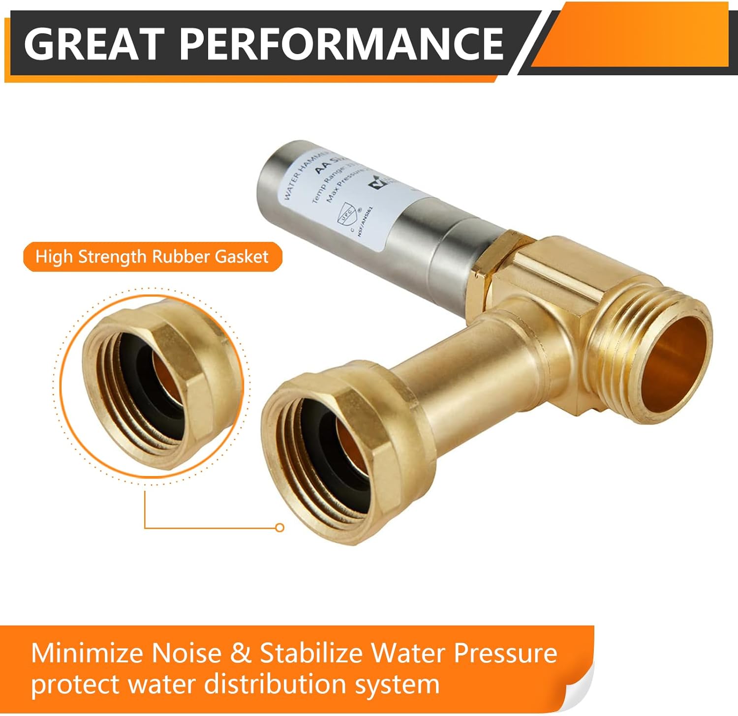 2-Pack HeSun Angle Water Hammer Arrestor for Washing Machine, 3/4" GHT Male x 3/4" GHT Female Connection, Stainless Steel Hammer Arrestor, Reduce Laundry Washer Knock Noise(HAMMER018-2)