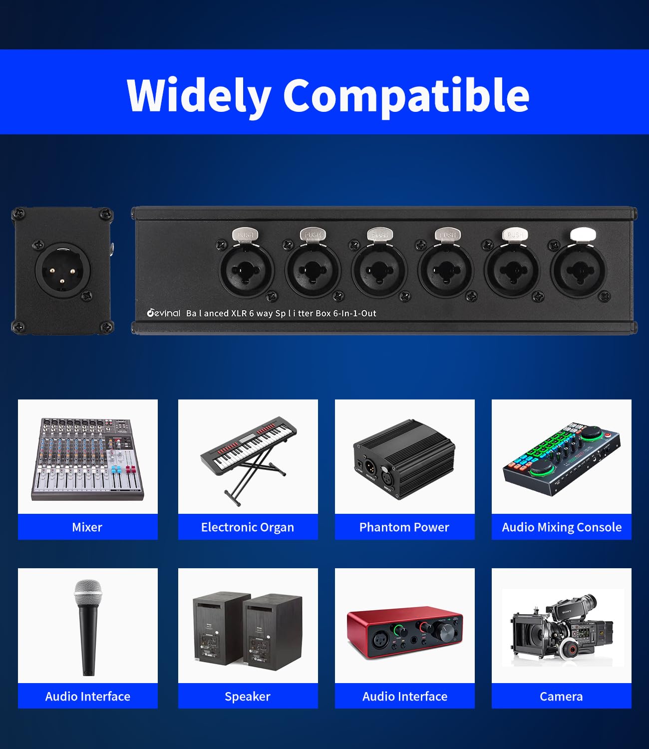 Connettore combinato TS/TRS XLR a 3 pin da 6,35 mm, scatola audio passiva stereo a 6 vie, cavo splitter box 6 in 1, sei convertitore bilanciato da 0,25 pollici o XLR femmina a 1 maschio