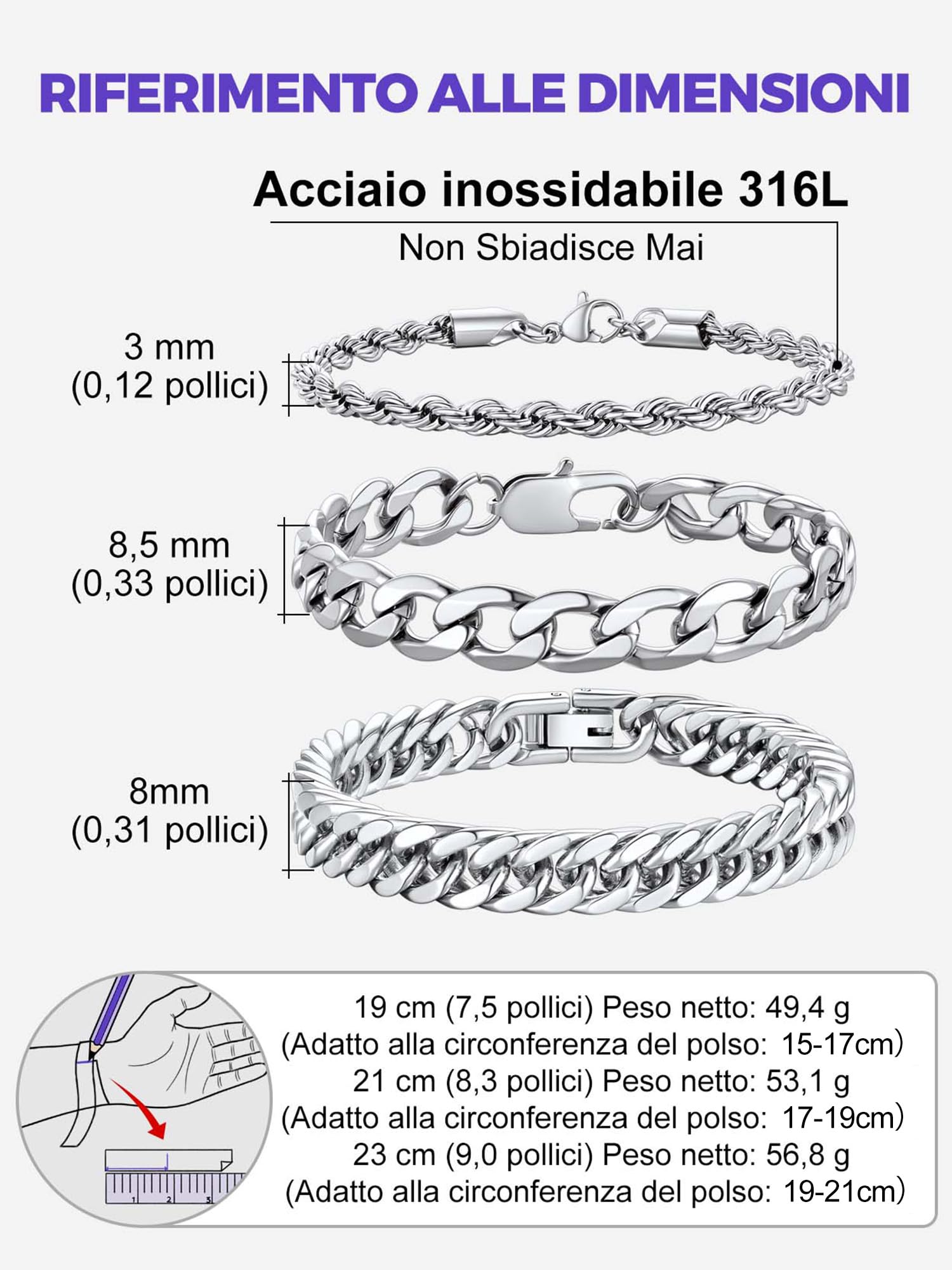 Richsteel Set di 2/3 Braccialetti in Acciaio Inox 316L di Alta Qualità Bracciale Uomo Argento Nero Oro Lunghezze 19cm 21cm 23cm Catena Cubana