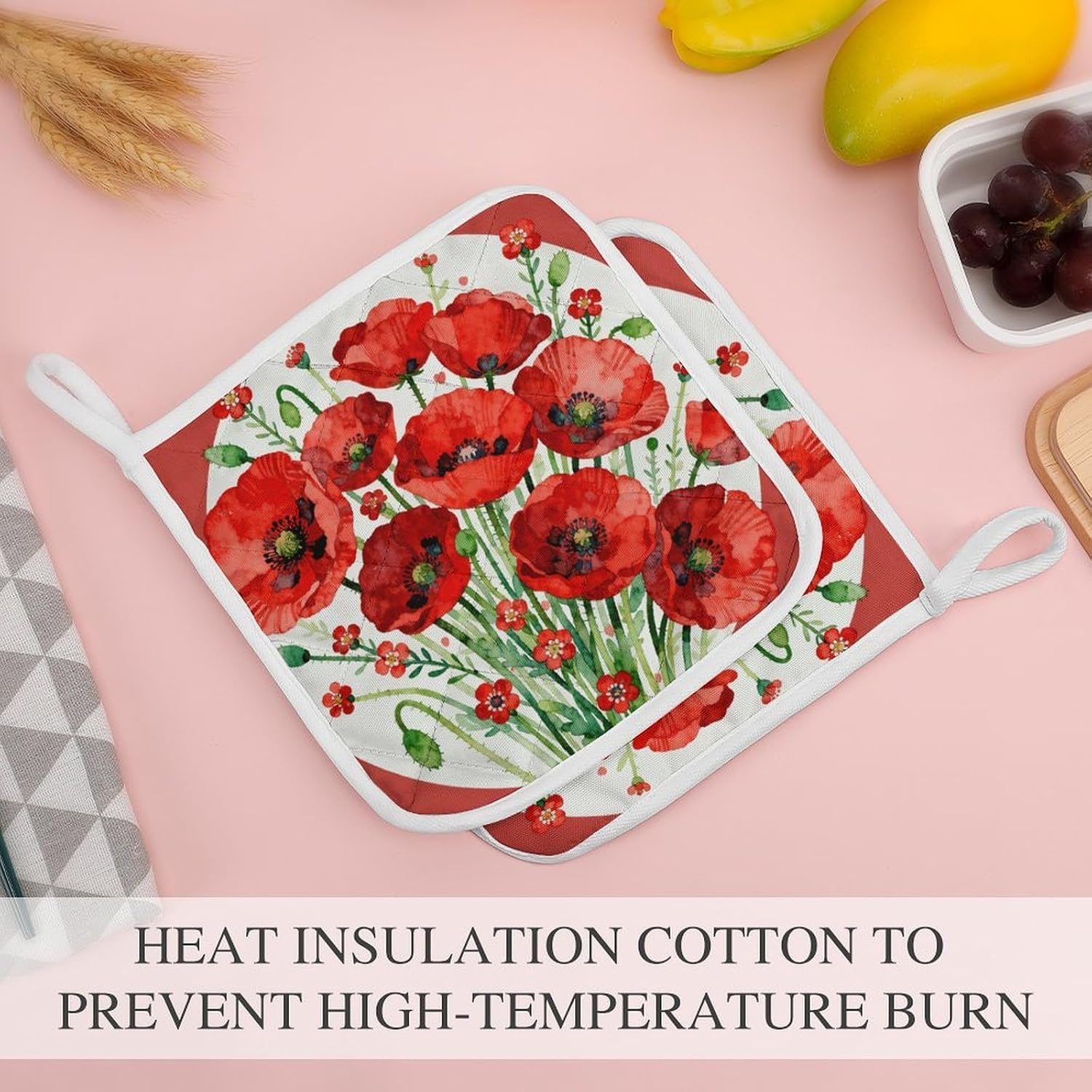 Red Small Flower Polyester Heat Resistant Pot Pad Non Slip Anti Scald Hot Dish Mat Reusable Table Protector for Kitchen Hot Pot Mat Wear Resistant Heat Proof Table Pad for Countertop Dining Room