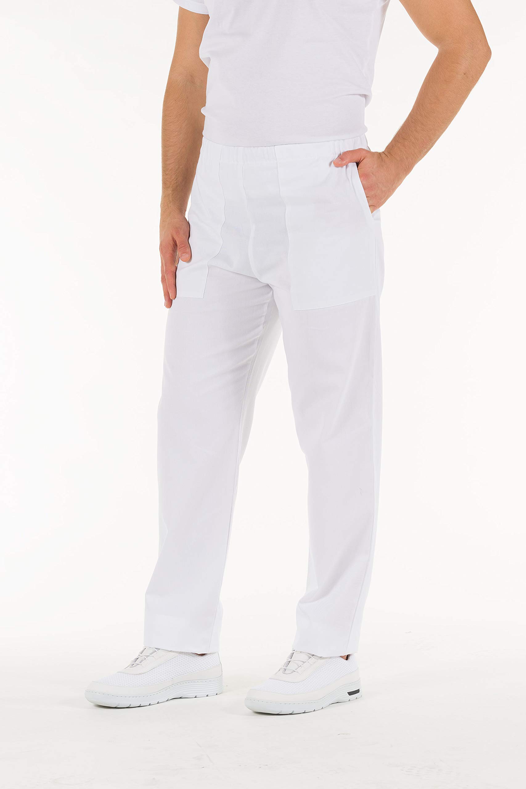 Gima - Pantalone da Divisa Ospedaliera, 100% Cotone di Ottima Qualità, Unisex, Elastico in Vita, 3 Tasche, per Dottori, Dentisti, Veterinari, Infermieri, Bianco, L