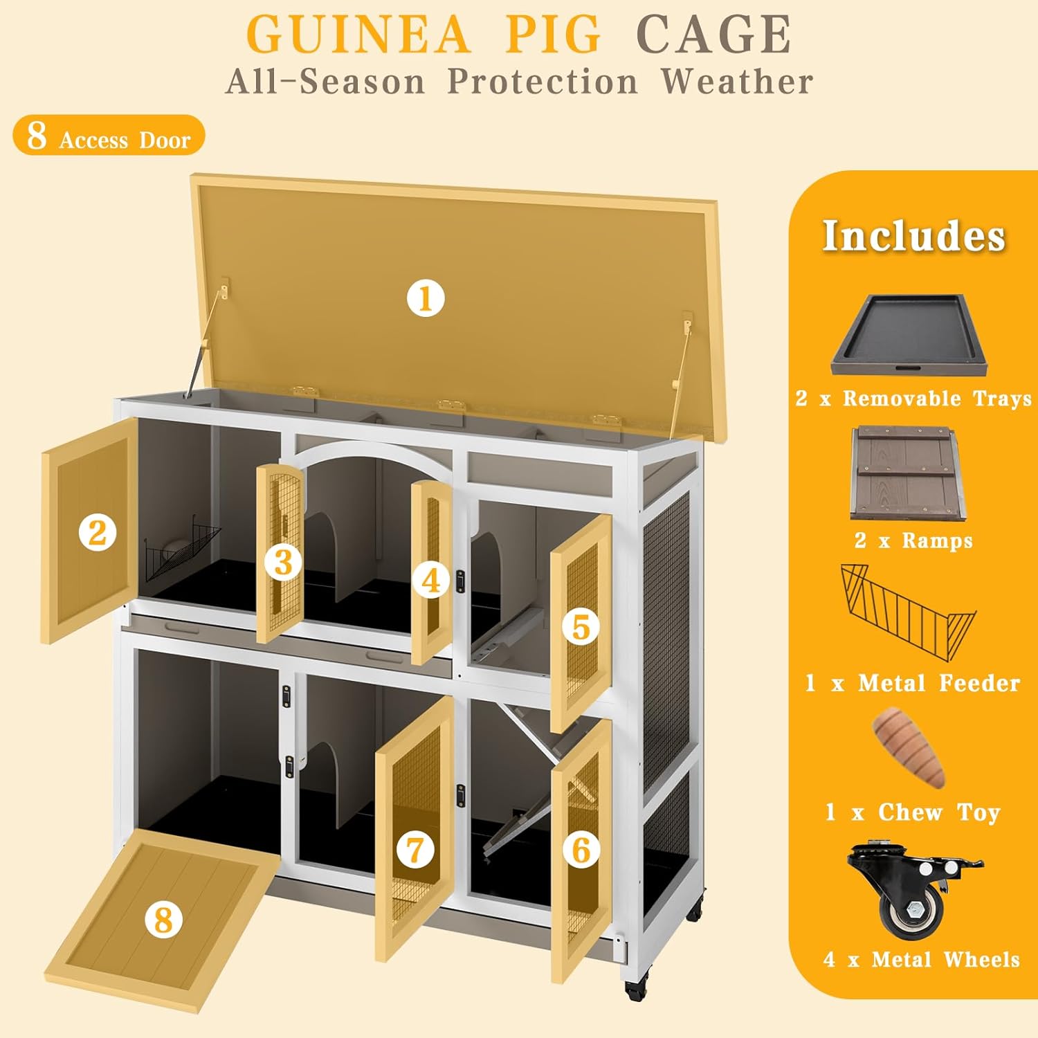 Gowoodhut 47" L Large Guinea Pig Cage Indoor with Wheels, 2-Story Wooden Hutch with 2 Deep Pull-Out Trays, Anti-Chew Ramps & Hideout for Hamsters, Ferrets & Rabbits, Grey, Easy-Clean Small Pet Home