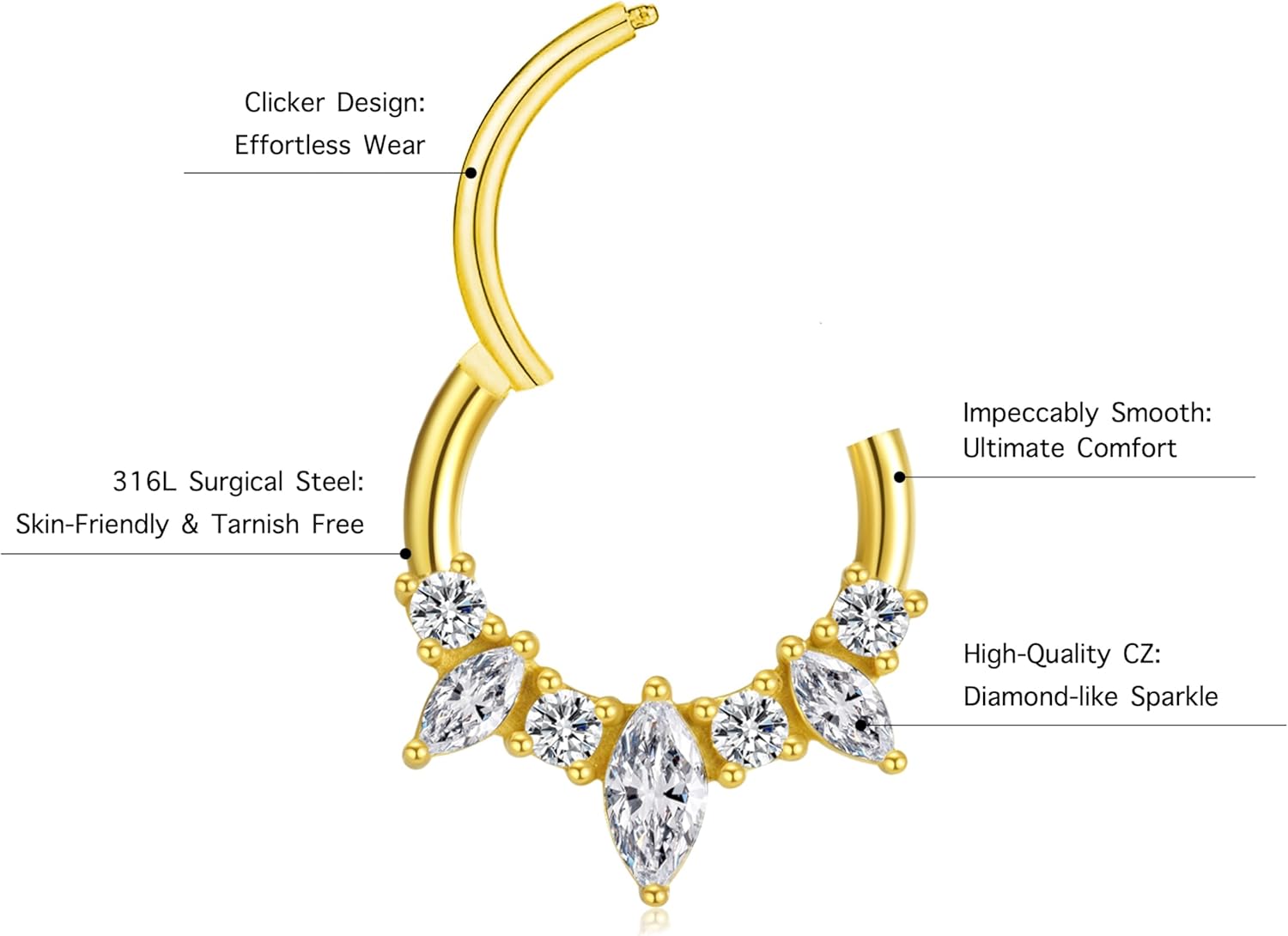 16G Septum Ring Surgical Steel Daith Earring, CZ Gemstone Septum Clicker Daith Piercing Jewelry - Image 4