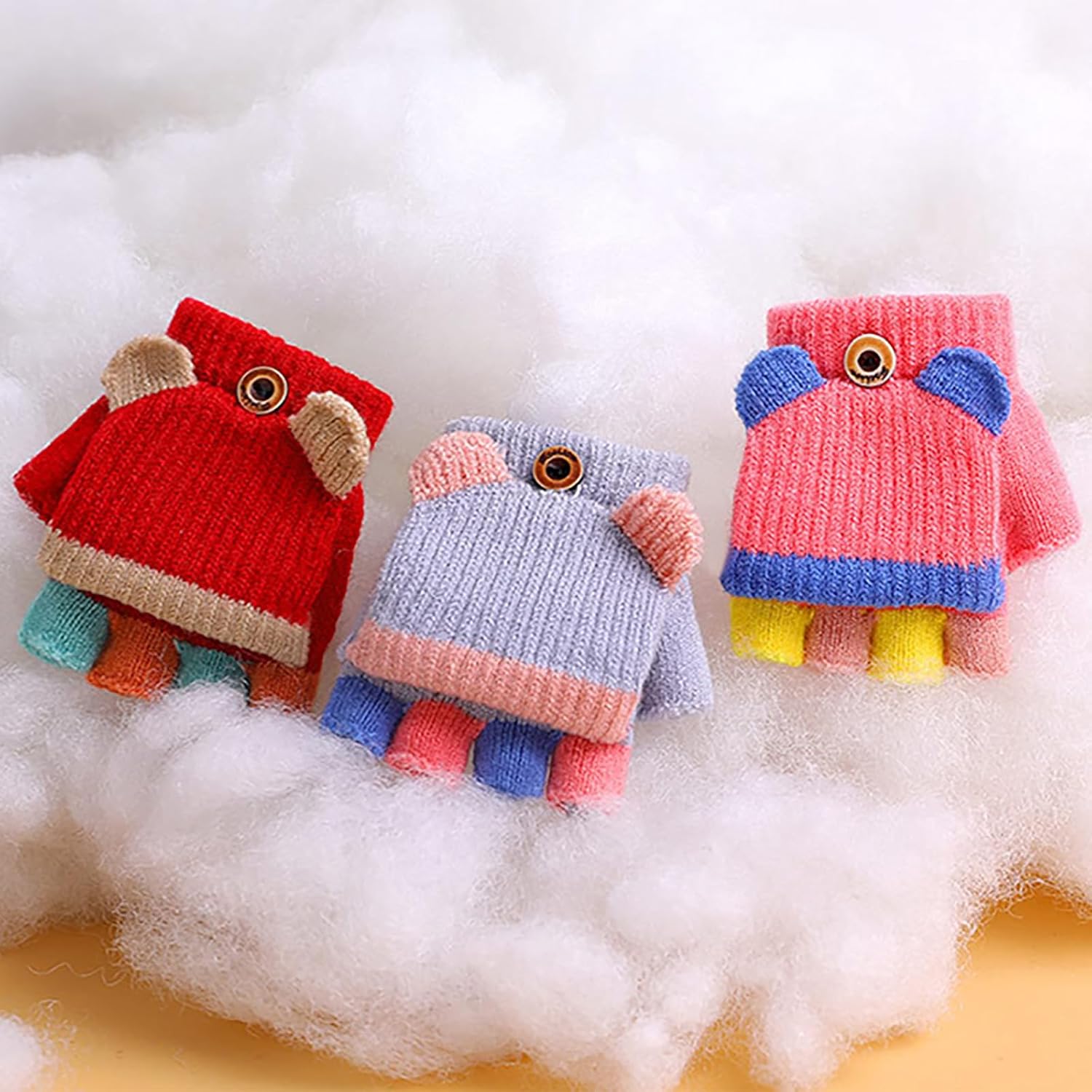 Lomodo 3 Pair Kids Winter Gloves Fingerless Gloves Convertible Warm Mittens Flip Top Toddler Gloves Baby Gloves for Kids 1-6 Years (Light Blue,Dark Blue,Grey)