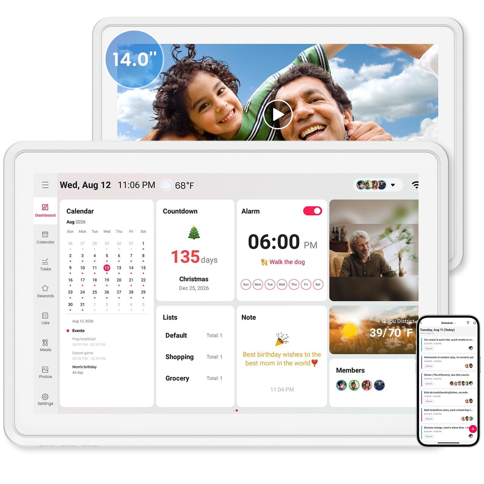 14" Digital Calendar Wall Touch Screen – Chores, Meals & Photos
