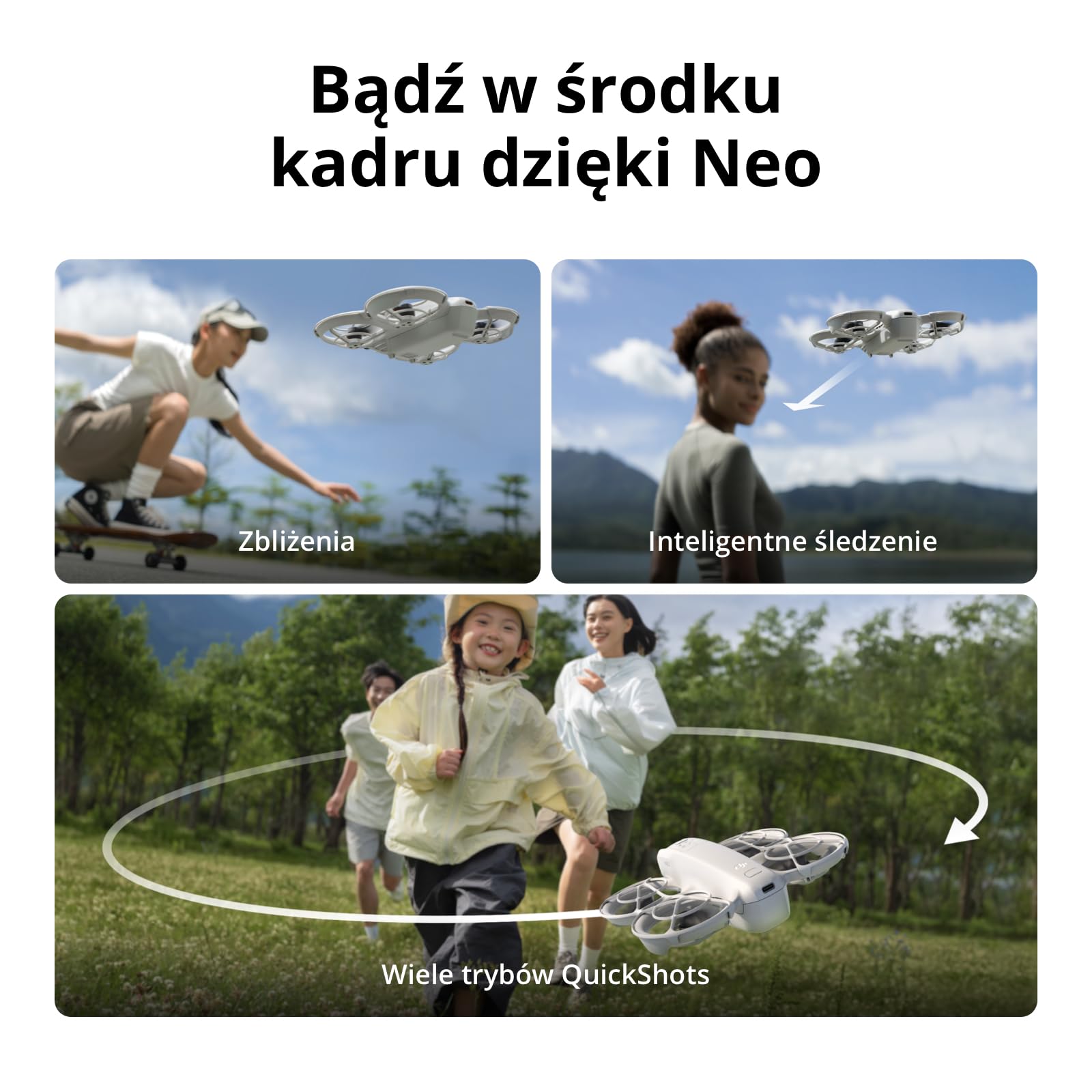 DJI Neo, mini dron z kamerą 4K UHD dla dorosłych, 135 g samodzielnie latający dron śledzący użytkownika, start z dłoni, śledzenie obiektu, QuickShots, stabilizacja wideo (nie wymaga kontrolera)