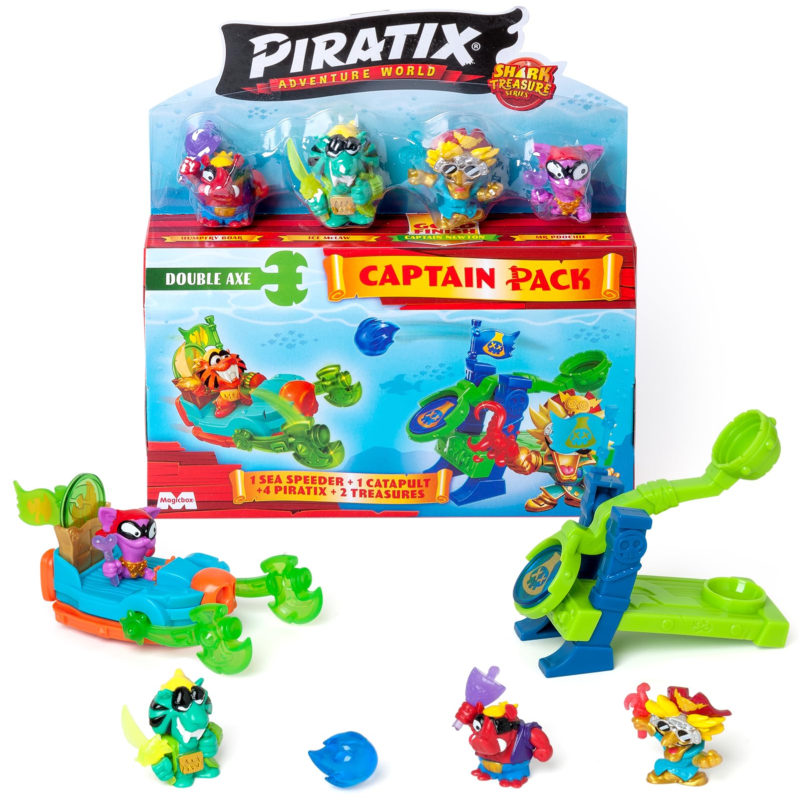 PIRATIX Shark Treasure Series–Captain Pack Newton.Includes 4 Piratix (1 golden captain),4 “crystal” accessories,Sea Speeder,Catapult, 2 exclusive flags and treasures with crystal effect. Pack 3/6