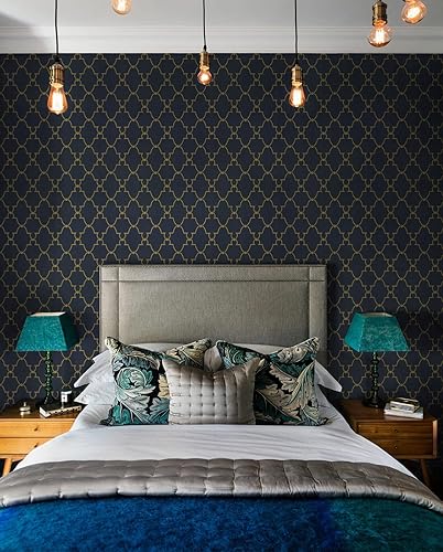 Miniatura 6 de Timeet Papel tapiz geométrico para despegar y pegar, papel adhesivo dorado y azul, autoadhesivo, extraíble, de 17.7 x 197 pulgadas, para sala de