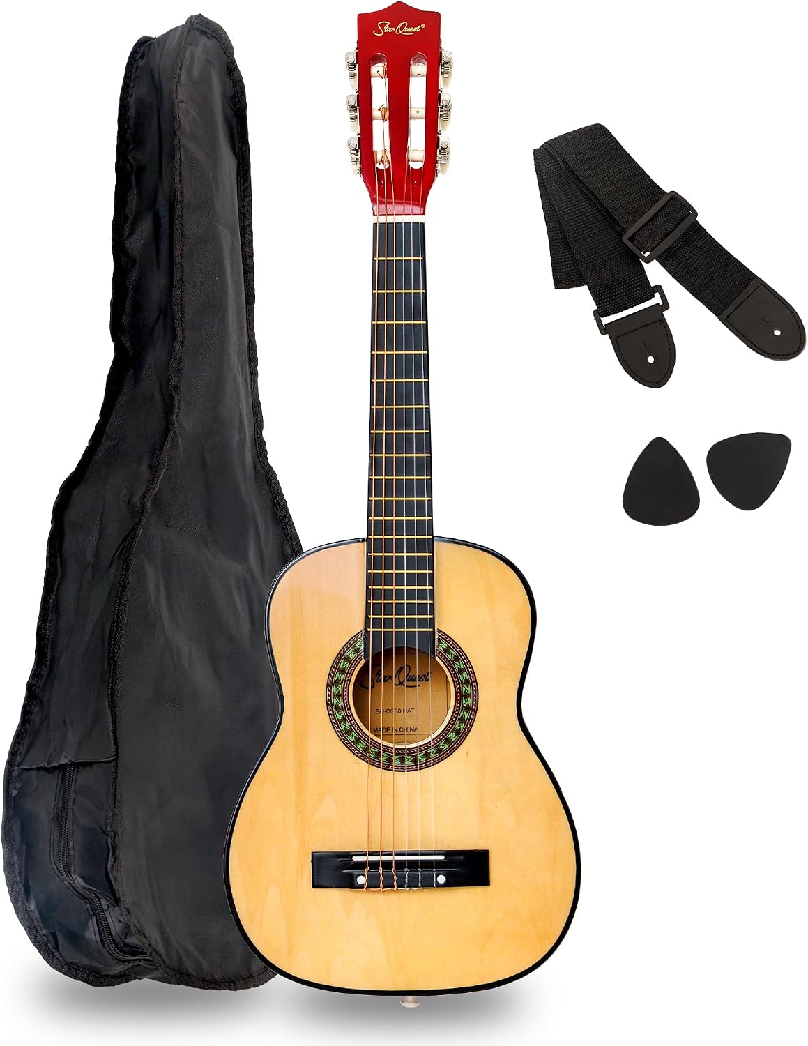 StarQuest SQ-CG30-NAT 30"Classical Acoustic Guitar for Beginners – Nylon String 1/2 Size with Natural Finish, Lightweight Travel – Starter Guitar for Practice & Lessons