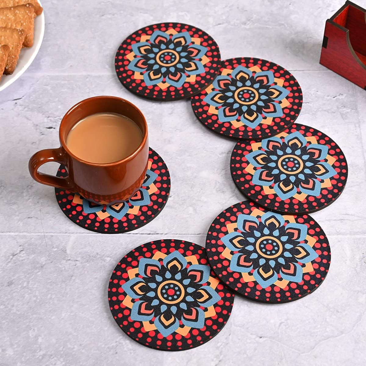 GKD Wooden Coasters for Drinks, MDF Mandala Coasters Set of 6 with Holder, 3.5 inches Eco-Friendly Absorbent Coaster for Coffee Table, Bar, Drinking Glasses, Tabletop Protection - (Multi Color)