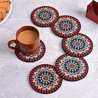 GKD Coaster Set of 6 Beautiful Wooden Coasters with Proper Coaster Stand Designer Coaster Set Fit for Tea Cups, Coffee Mugs and Glasses (Round and Designer 3.5 X 3.5 Inch) (Black)