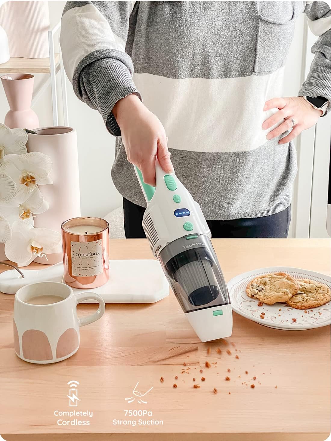 TaoHorse Handheld Vacuum Cordless - Rechargeable Held Held Vacuum, Lightweight at 1.5 Pounds with Powerful Suction, Portable Mini Hand Vacuum with 3 Versatile Attachments & Cleaning Brush, Mint -