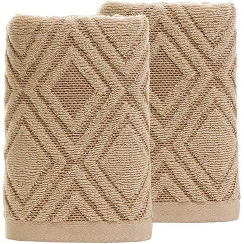 Pidada Hand Towels Set of 2 100% Cotton Diamond Pattern Highly Absorbent Soft Towel for Bathroom 13.4 x 29.5 Inch (Brown)