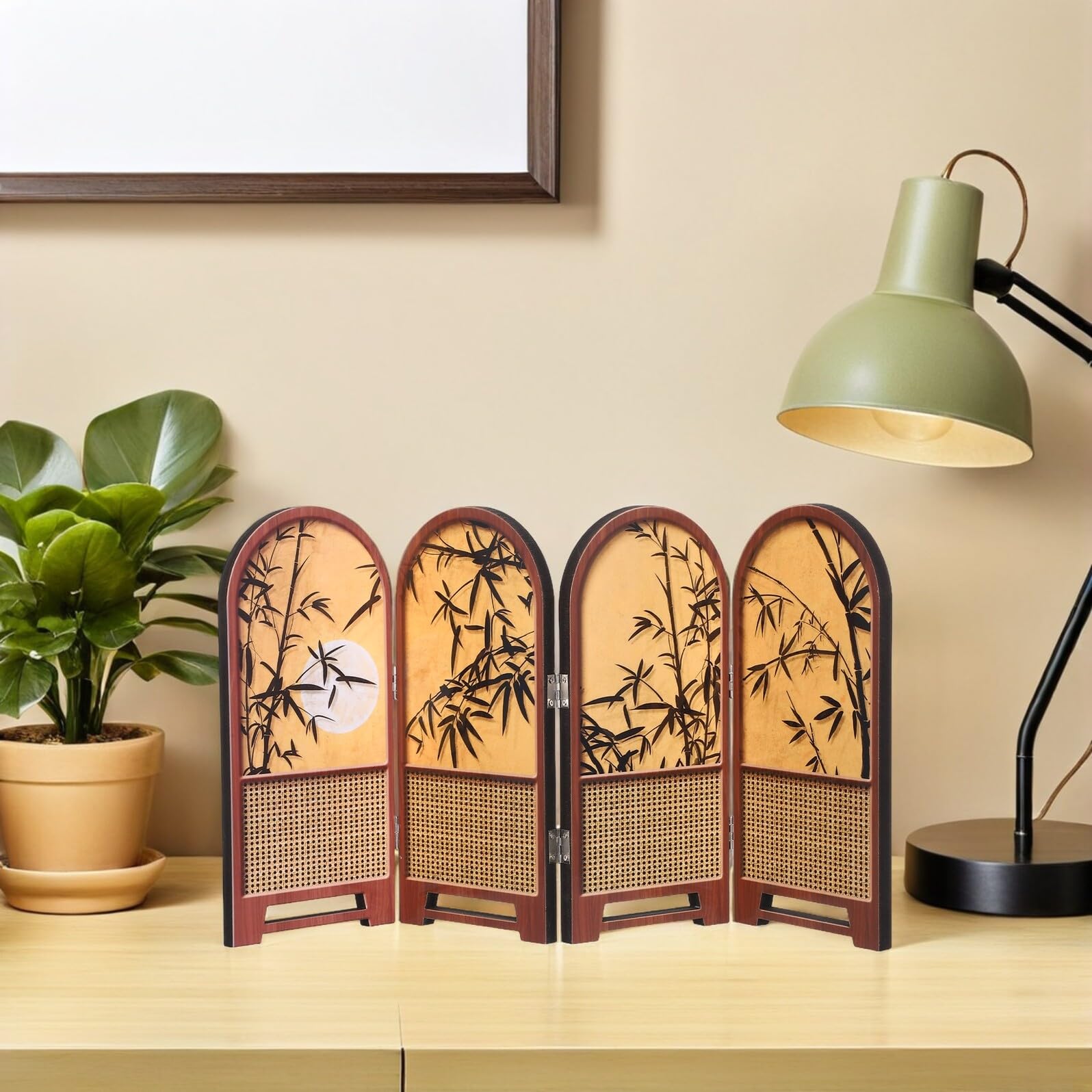 jojofuny Biombo Plegable de Escritorio Compacto de Madera Diseño Chino Tradicional y Panel Divisor Elegante para Oficina y Decoración de Espacios Pequeños