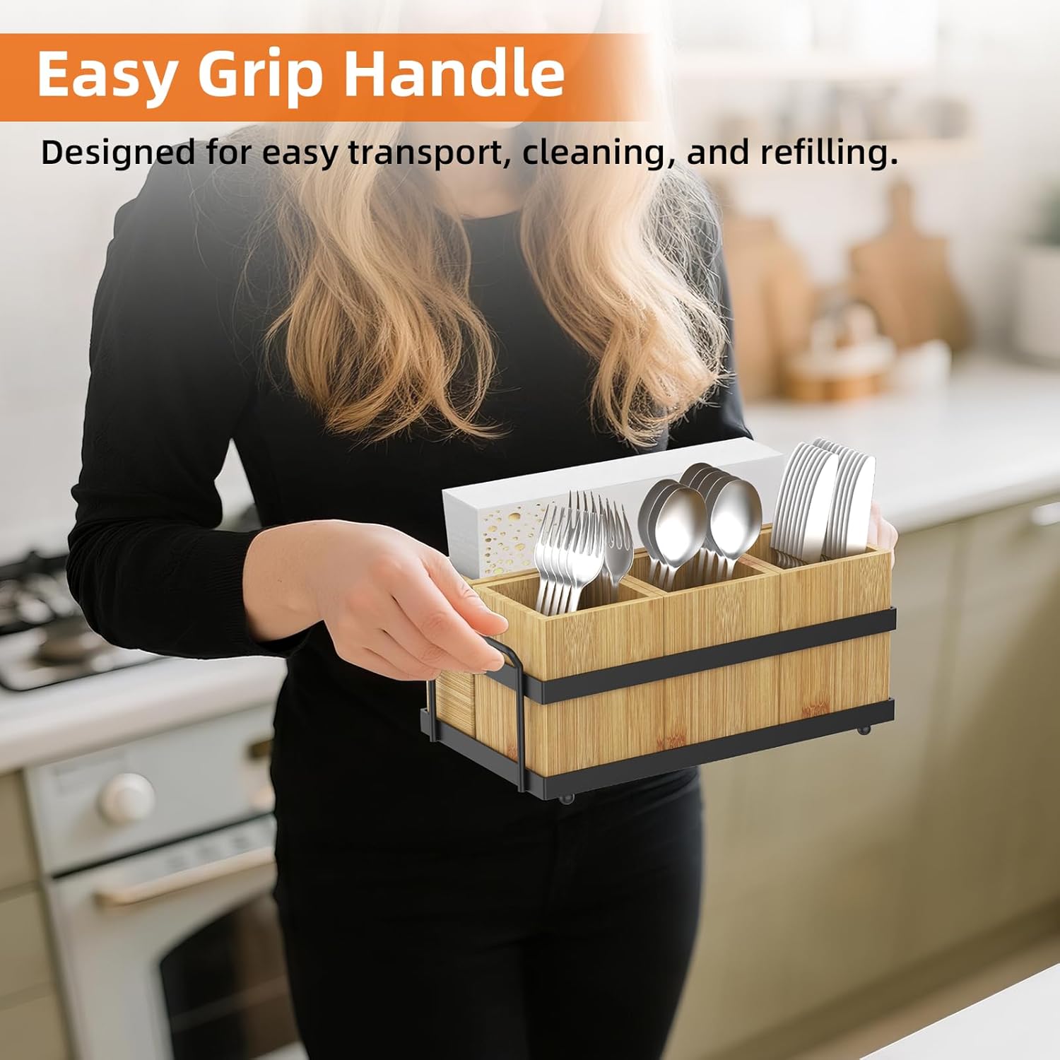 Silverware Caddy for Party, Silverware Holder with 4 Removable Compartments for Countertop Organizing Utensils, Paper Plates, Flatware, Wood Sevring Caddy