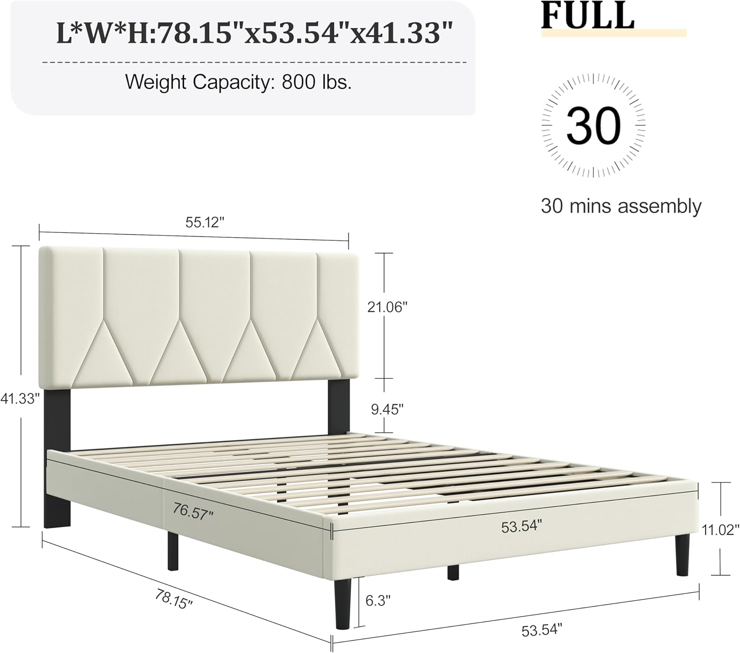 Full Bed Frame, Padded Platform Bed Frame with Velvet Headboard, Vertical Quilted Design, Sturdy Slatted Mattress Base, No Spring Mattress Required, Easy to Assemble, Beige