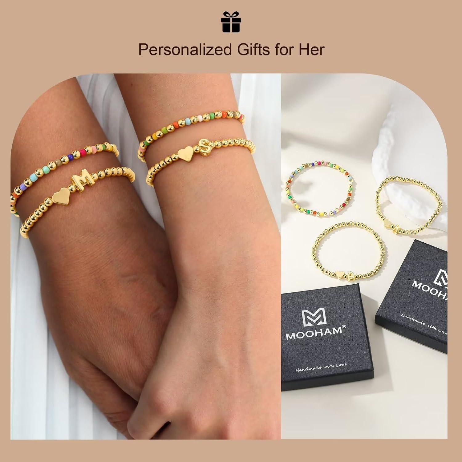 M MOOHAM Beaded Bracelets for Teen Girls - Dainty 2PCS Colorful Beaded Initial Bracelet 14k Gold Plated Heart Letter A-Z Initial Bracelets for Women Girl Trendy, Birthday Gifts for Girls Teens Kids